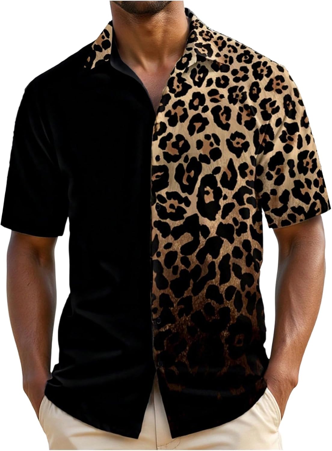 Men's Leopard Print Tops Button Down Short Sleeve Summer Cheetah Shirts Casual Trendy Top