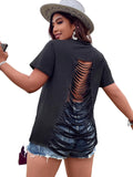 Women's Plus Size Fringe Tops Punk Criss Cross Ripped Open Back T Shirt Short Sleeve Backless Tee Top