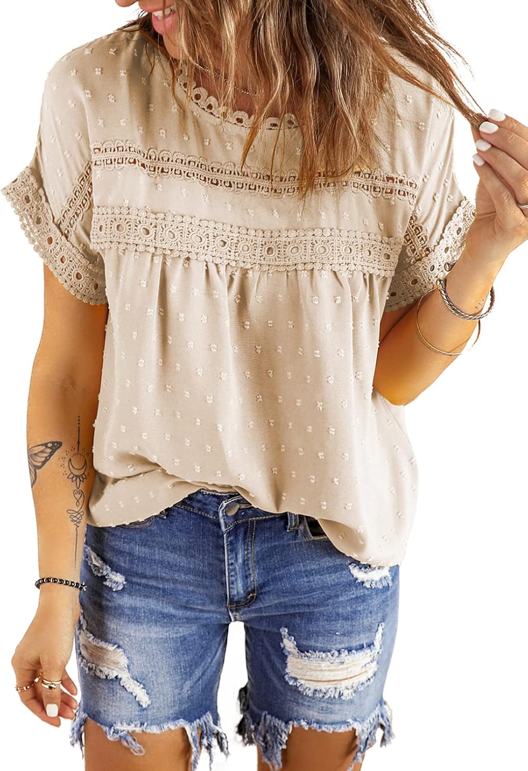 Womens Summer Tops Crewneck Lace Crochet Short Sleeve Shirts Casual Chiffon Blouses