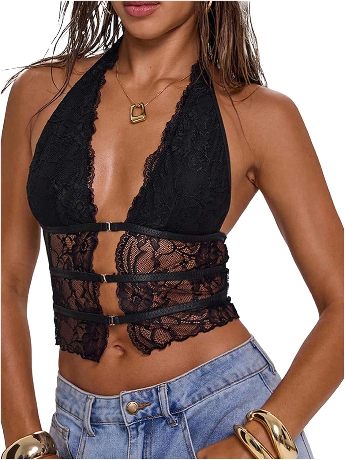 Women's Y2k Goth Lace Tops Croset Sheer Halter Top Rave Going Out Outfits Sexy Camisole