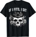 Gothic Black Cat Skull Minimalist Humor If I Fits I Sit T-Shirt
