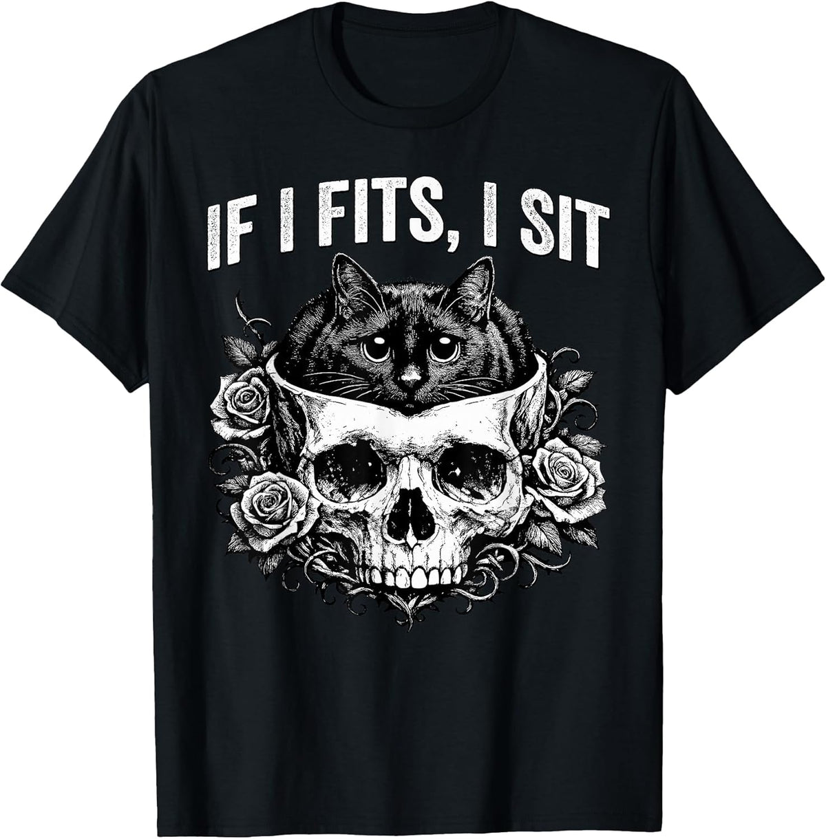 Gothic Black Cat Skull Minimalist Humor If I Fits I Sit T-Shirt