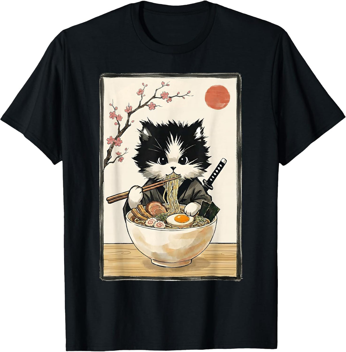 Samurai Cat Japanese Art Ramen Novelty Kawaii Funny Cat T-Shirt