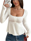 Women's Babydoll Tops Long Sleeve Henley Shirts Cute Square Neck Coquette Peplum Top