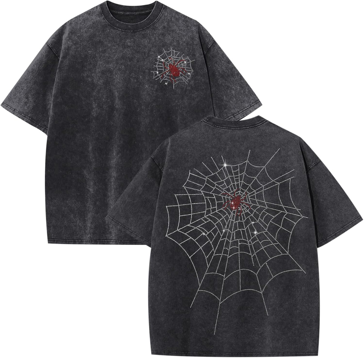 Men's Rhinestone Graphic Tee Spider Grunge Shirts Vintage Oversized Acid Wash T Shirts Y2k Streetwear Cotton Tops
