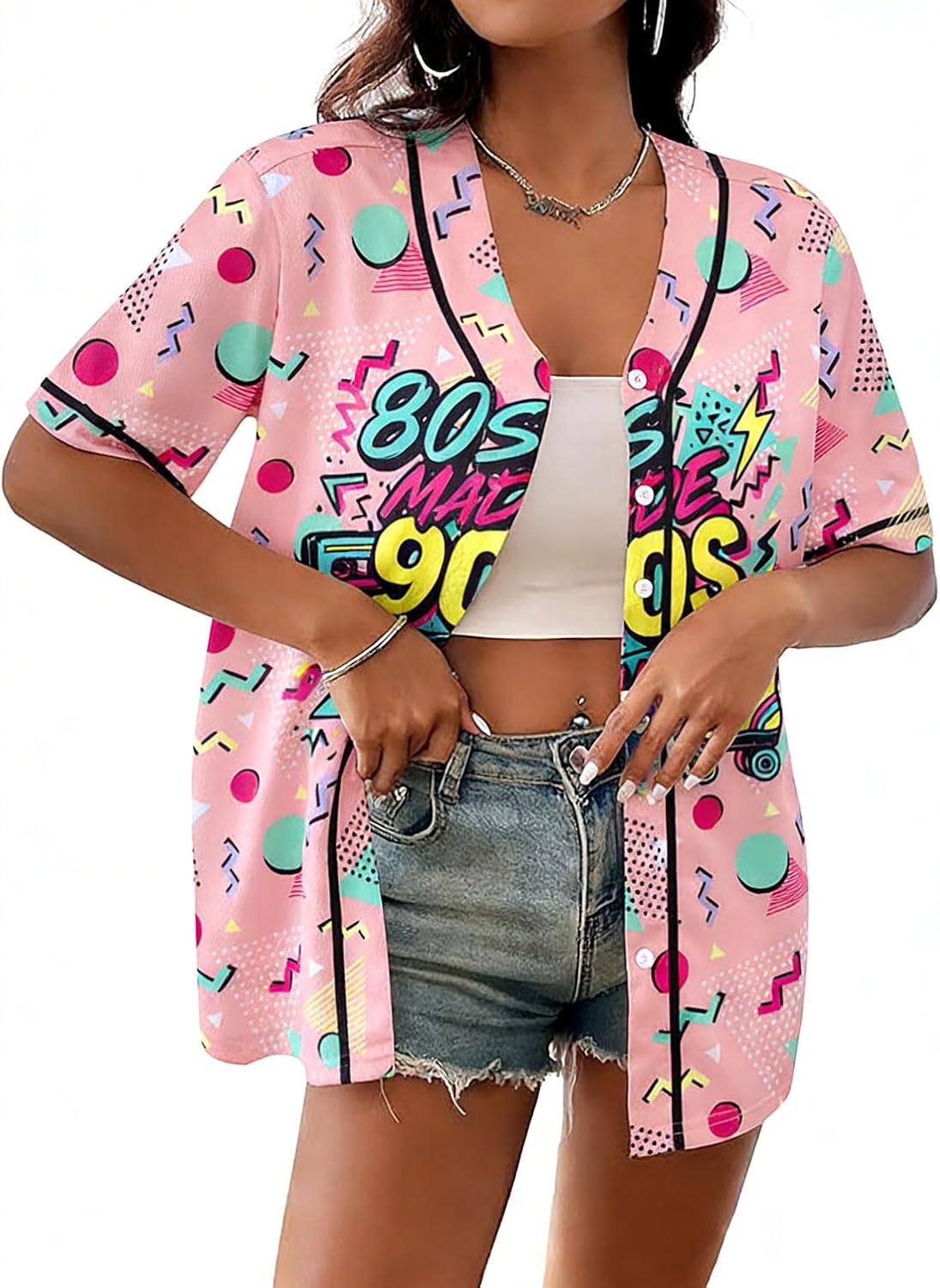 80s 90s Outfit Women Baseball Jersey Disco Party Hip Hop Shirts Short Sleeve Button Down Shirt