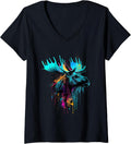 Womens Moose Lovers Colorful Pop Art Beautiful Moose V-Neck T-Shirt