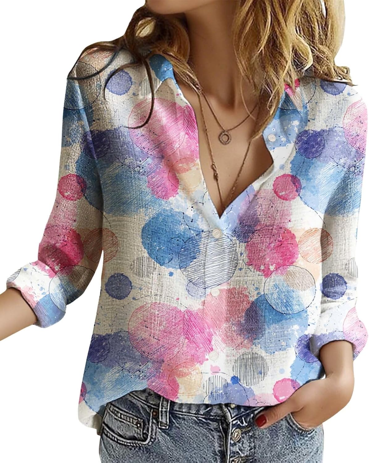 Plaid Print Shirts for Women Casual Lapel Long Sleeve Button Down Creative Graphic Tshirt Loose Fit Oversized Tops