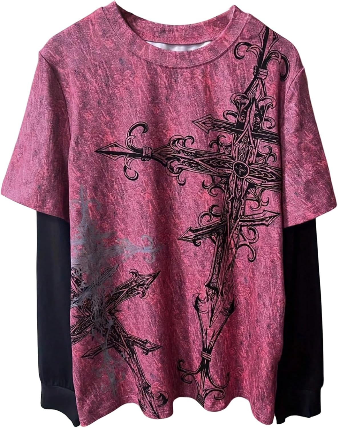 Women's Y2k Gothic Graphic Tees Long Sleeve Crew Neck 2 in 1 T Shirt Punk Tops Streetwear