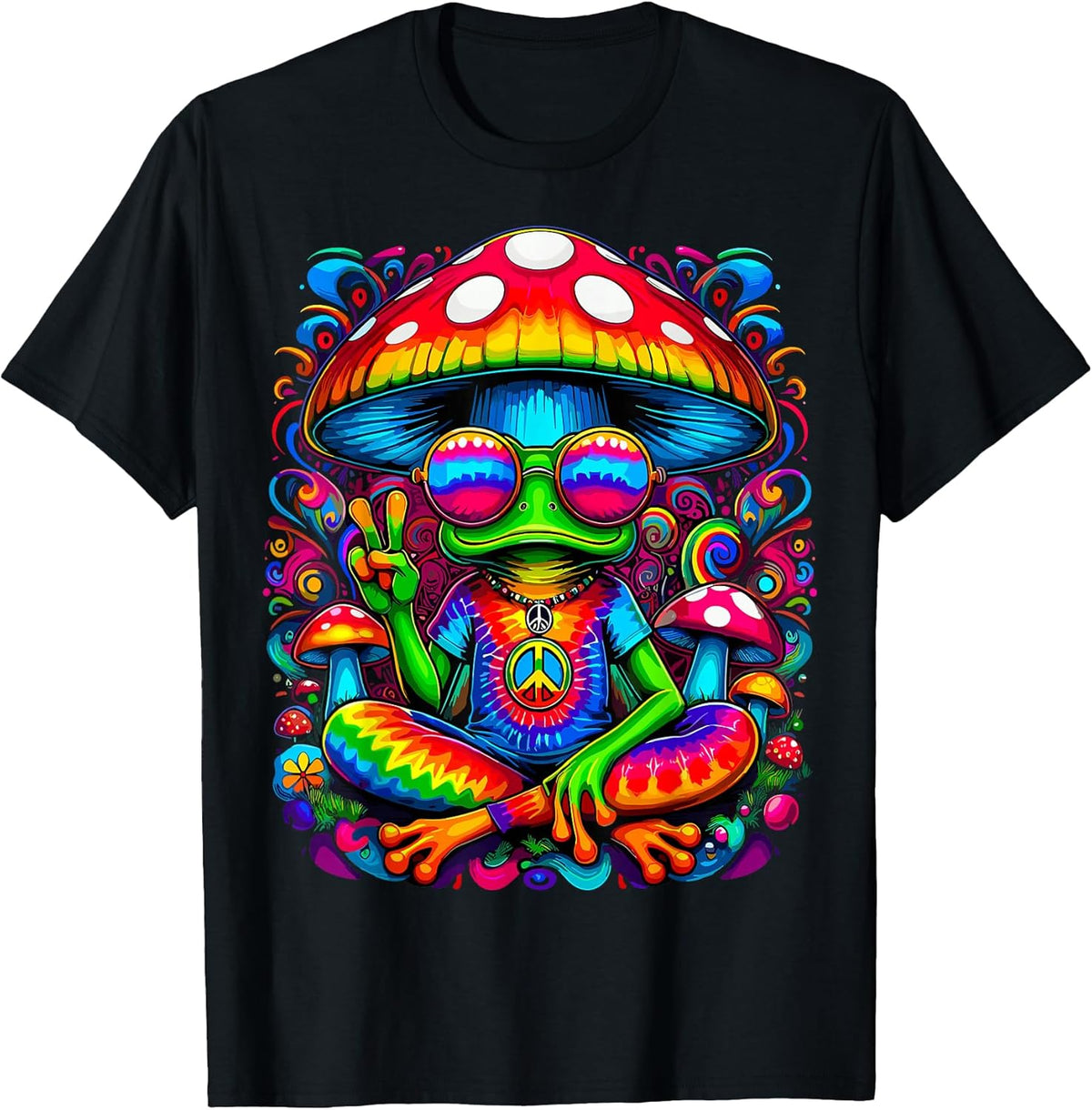 Hippie Tie-Dye Frog with Mushroom Peace Sign T-Shirt