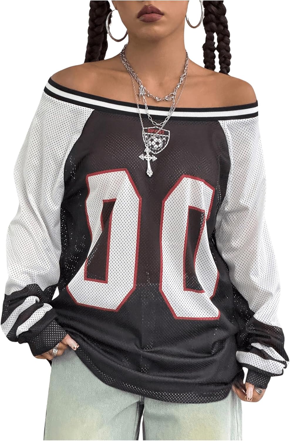 Women's Oversized Graphic Jersey Shirt Y2k Off Shoulder Long Sleeve Top Streetwear