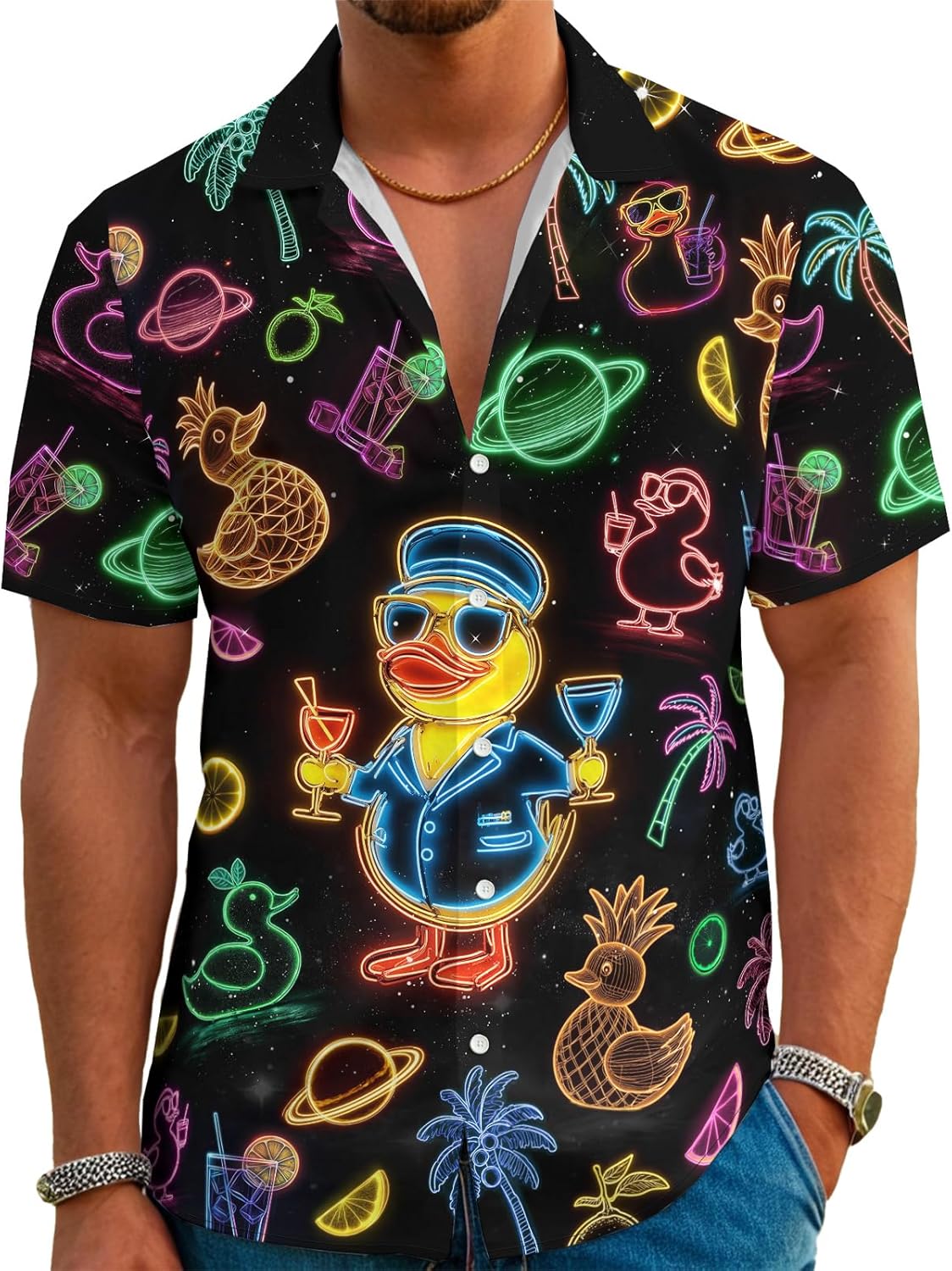 Funny Neon Hawaiian Shirt for Men Button Down Tropical Beach Aloha Shirt Summer Holiday Glow Party Outfits
