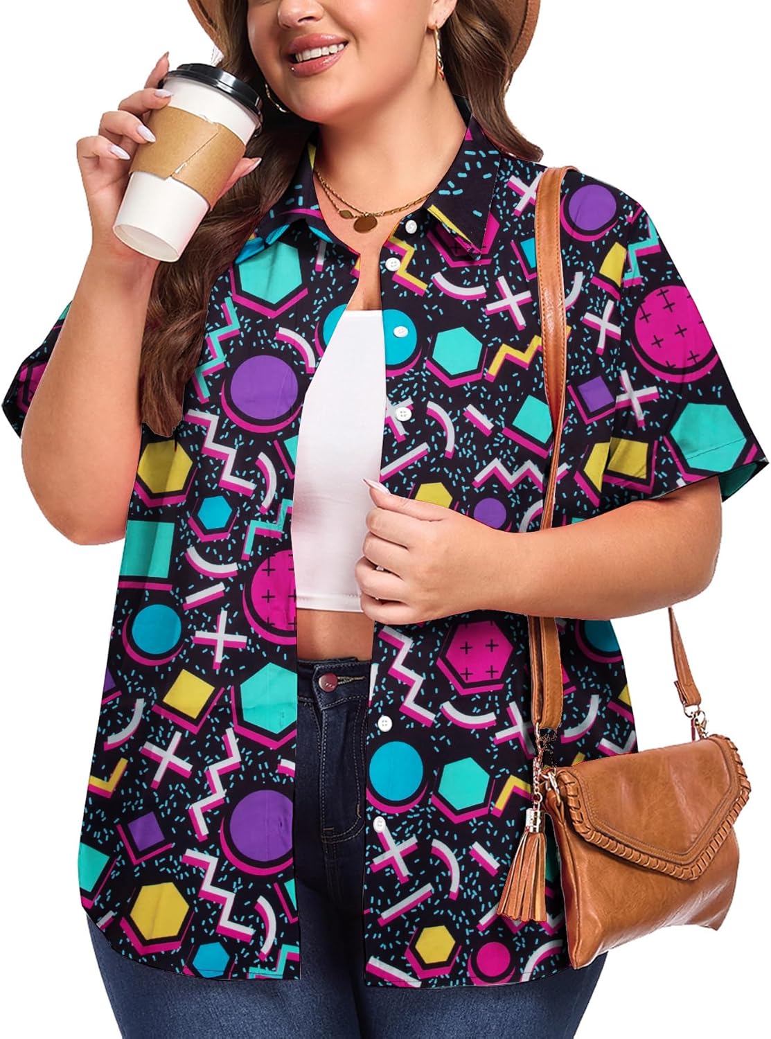Plus Size 80s 90s Outfits for Women 90s Theme Party Disco Shirt 80s Hawaiian T-Shirt Retro Neon Button Down Blouse Tops
