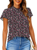 Women Boho Shirts Floral Ruffle Short Sleeve Mock Neck Flowy Casual Summer Blouses Tops