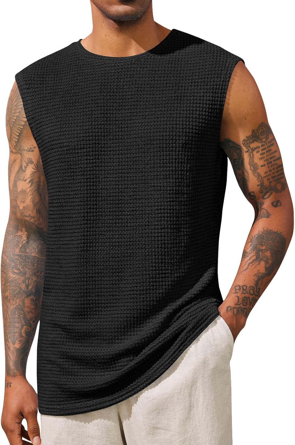 Mens Waffle Tank Tops Sleeveless T-Shirts Athletic Muscle Summer Beach Hippie Shirts