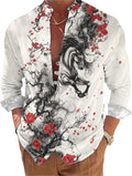Mens Long Sleeve Shirt Floral Button Down Collared Loose Fit Casual Vintage Hippie Summer Breathable Shirts