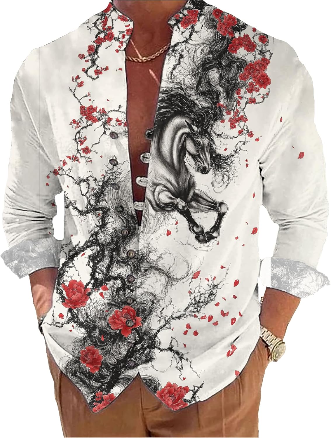 Mens Long Sleeve Shirt Floral Button Down Collared Loose Fit Casual Vintage Hippie Summer Breathable Shirts