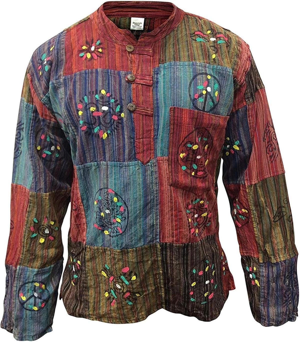 Mens Patchwork Stripe Hippie Shirt, Handmade Bohemian Summer Festival Clothing
