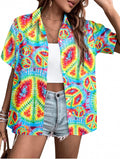 Women 60s 70s Shirt Peace Sign Love Tshirts Hippie Short Sleeve Button Down Clothes Inspirational Tops