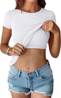 Womens Short Sleeve Tops Built in Bra 2026 Summer T Shirts Slim Fitted Going Out Y2K Basic Tee Vacation Clothes