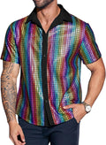 Mens Disco Shirt 70s Shirts Short Sleeve Button Down Vintage Sequin Metallic Disco Outfits Party Costume Top