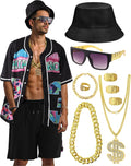 80s 90s Outfit for Men, Hip Hop Costume Button Up Blouse Tops Disco Retro Theme Party Outfit Hawaiian Vintage