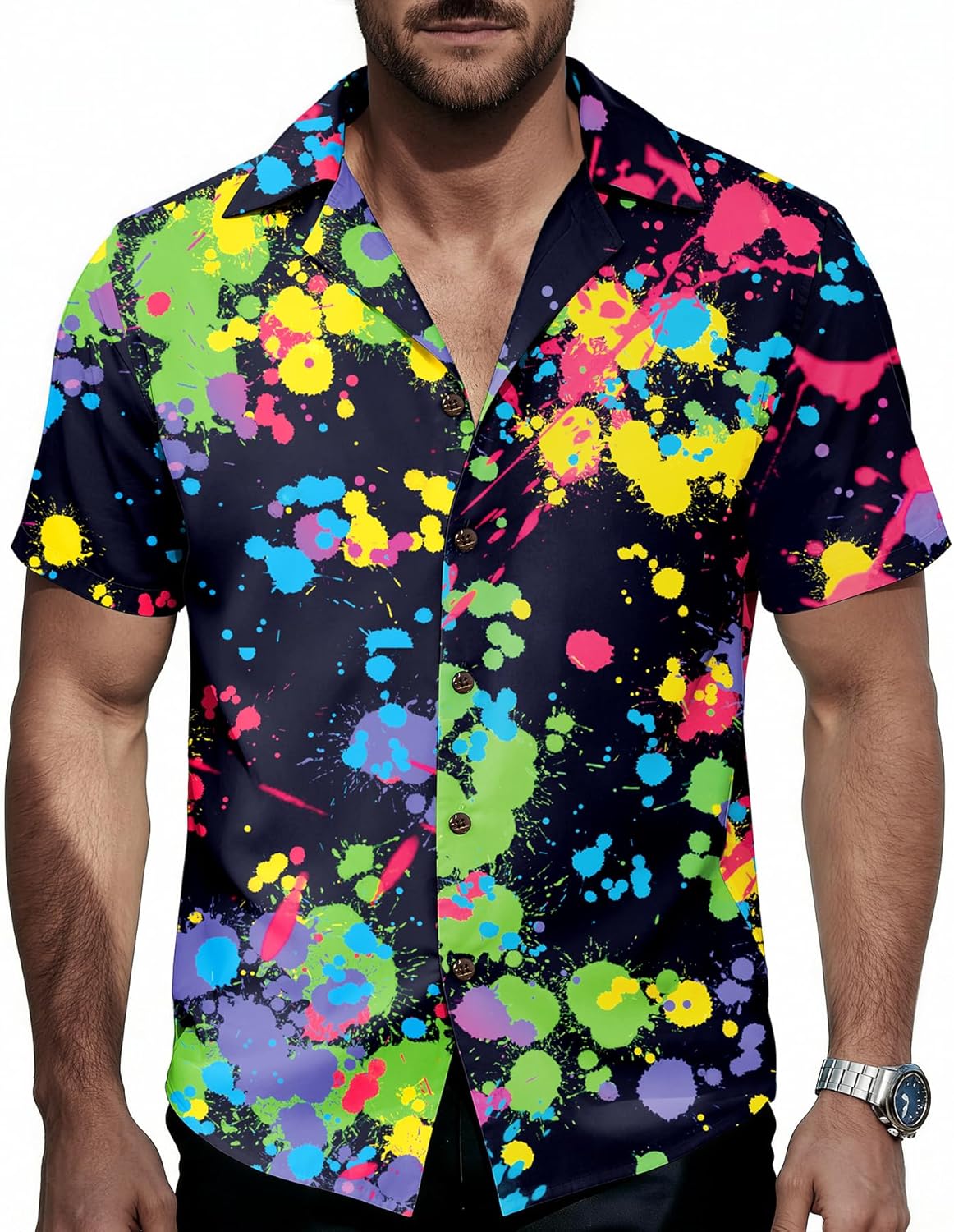 Neon Shirts for Men - Funny Hawaiian Vibrant Tropical Print Button Down Rave Outfit Top for 80s Party Vacation Festival