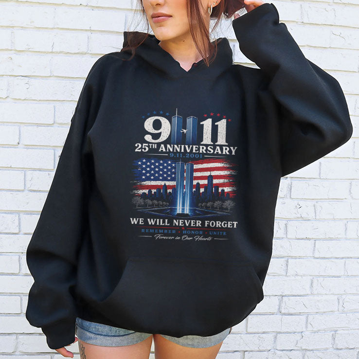9-11 We Will Never Forget 25th Anniversary Twin Towers T Shirt
