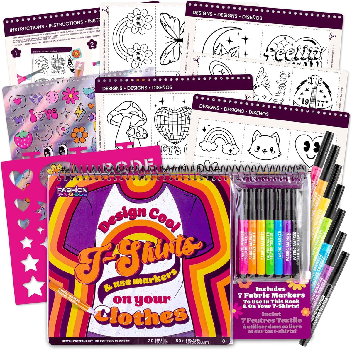 Fashion Angels T-Shirt Design Sketch Portfolio, Includes Stencils, Sketch Pages & Fabric Markers, DIY Fashion Design Kit for Kids & Teens