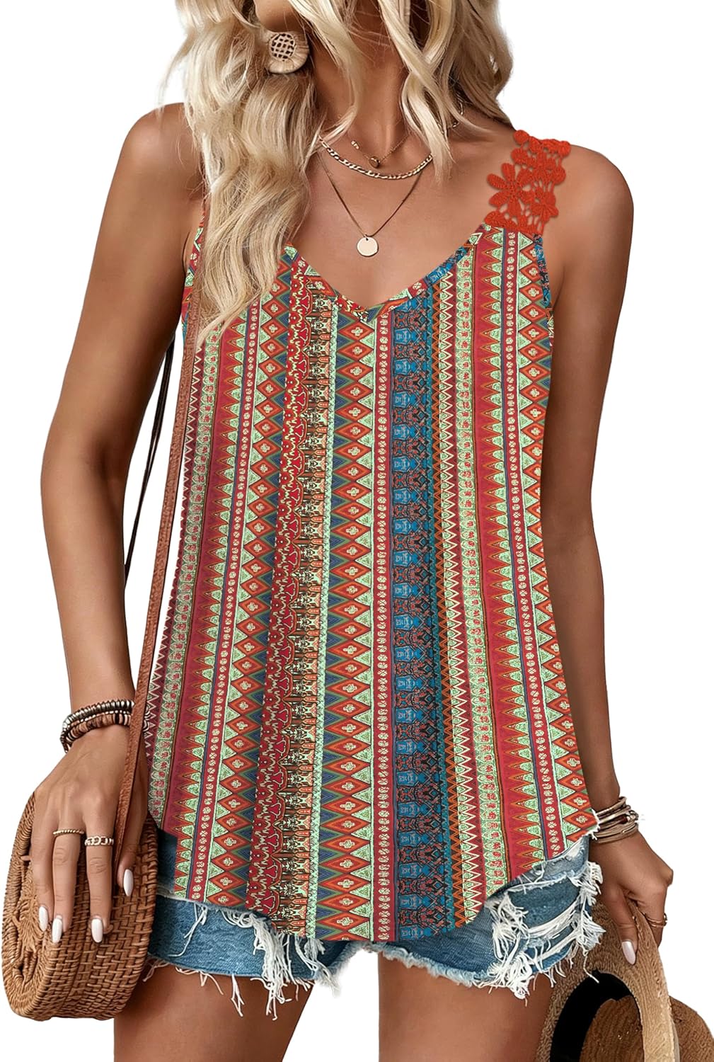 Tank Tops for Women Spring Fashion Sleeveless V Neck Lace Tops Flower Flowy Summer Outfits Beach Vacation Clothes