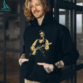 Abraham Lincoln playing electric guitar on a black cotton crew neck unisex shirt