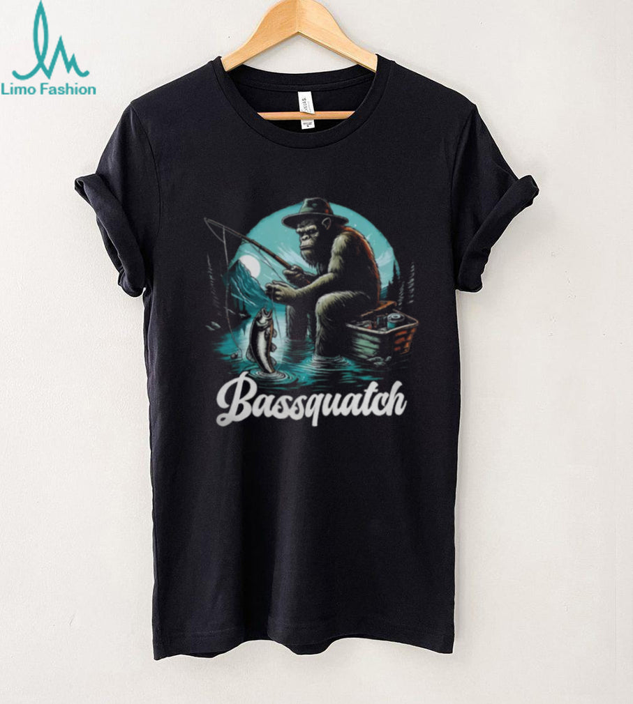 Bassquatch Funny Bigfoot Fishing in a Boat Bass Fisherman T Shirt