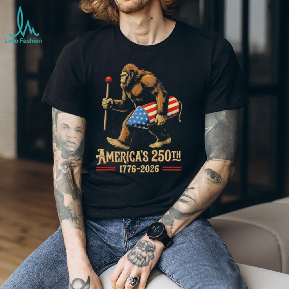 Bigfoot carrying patriotic rocket with America’s 250th 1776 2026 shirt