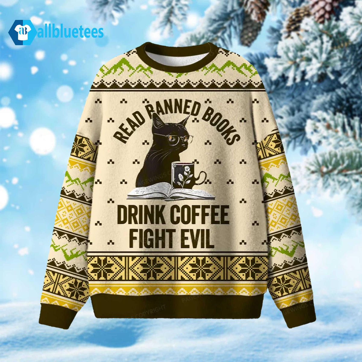 Black Cat Read Books Drink Coffee Fight Evil Christmas Ugly Sweater