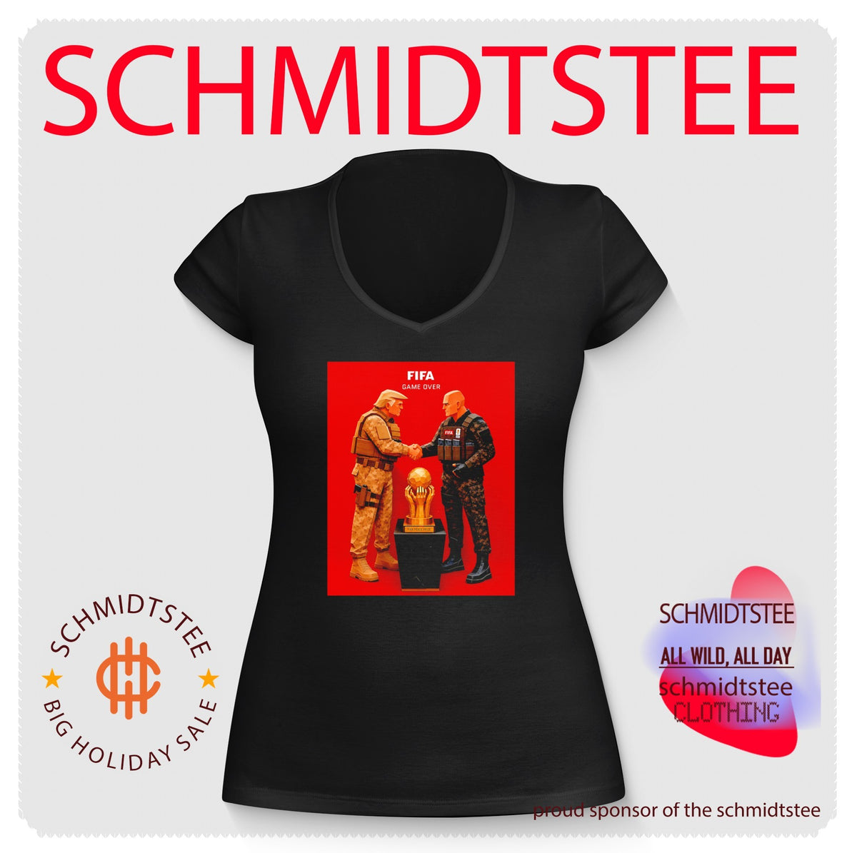 FIFA game over Donald Trump shaking hands with Gianni Infantino satirical 3D shirt
