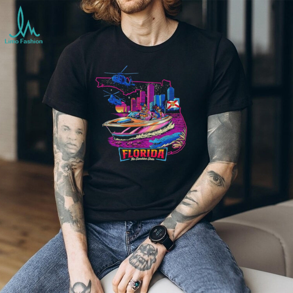 Florida The Sunshine State Neon Retro Boat Scene T Shirt
