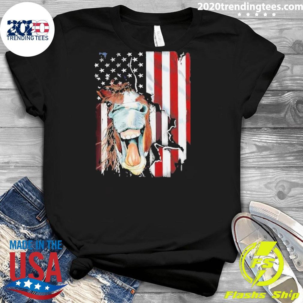 Horse American Flag Heifer US 4th Of July Farm Cattle USA Shirt