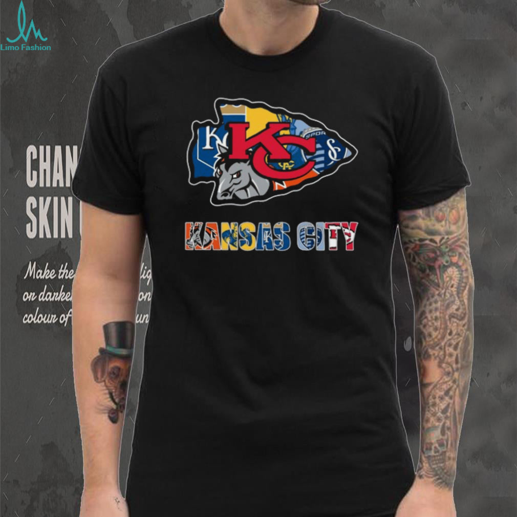 Kansas City Cityscape Arrowhead Sports Fan Multi Team Logo T Shirt