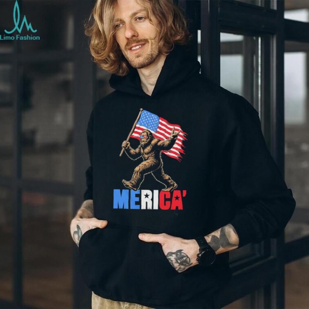 Merica Bigfoot Sasquatch Holding American Flag Patriot Graphic T Shirt