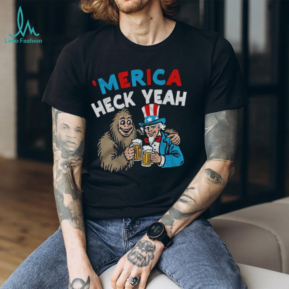 Merica Heck Yeah Uncle Sam and Bigfoot Drinking Beer Patriotic T Shirt