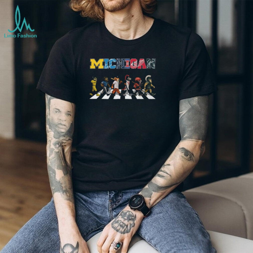 Michigan Sports Teams Abbey Road Mascot Parody T Shirt Lions Tigers Pistons Wings