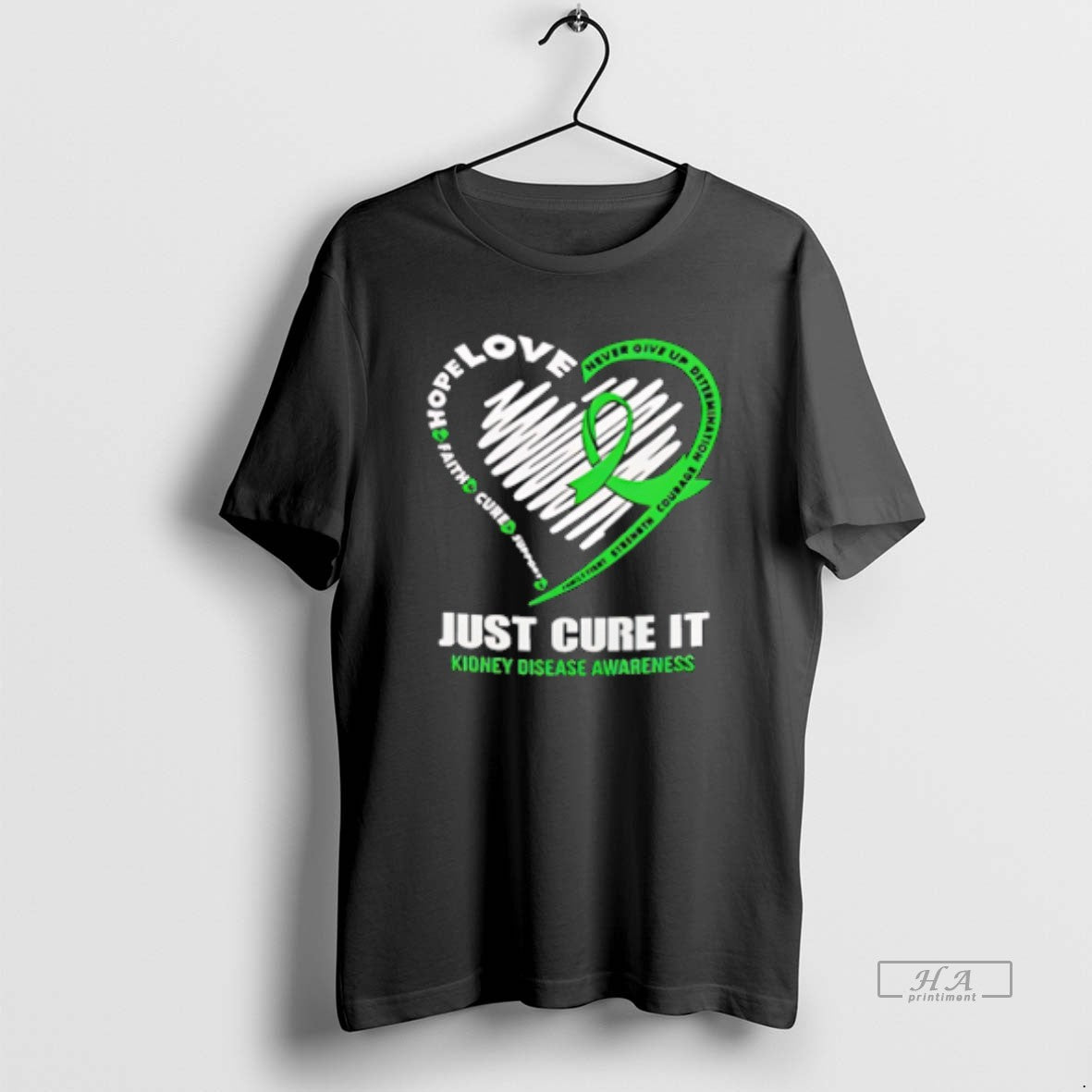 Official Just Cure It Kidney Disease Awareness Heart Shape Green Ribbon