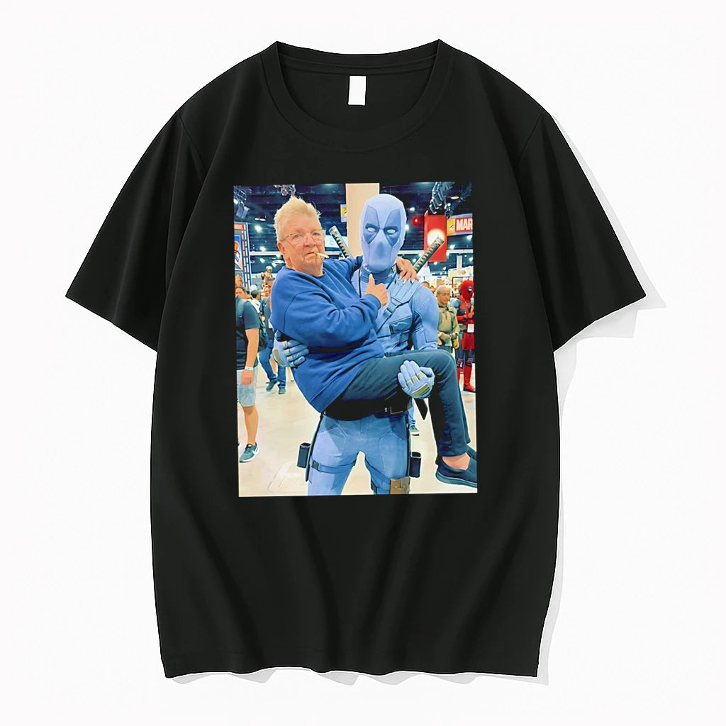 Officials Blue Deadpool Cosplayer Carrying Elderly Woman Premium T Shirt