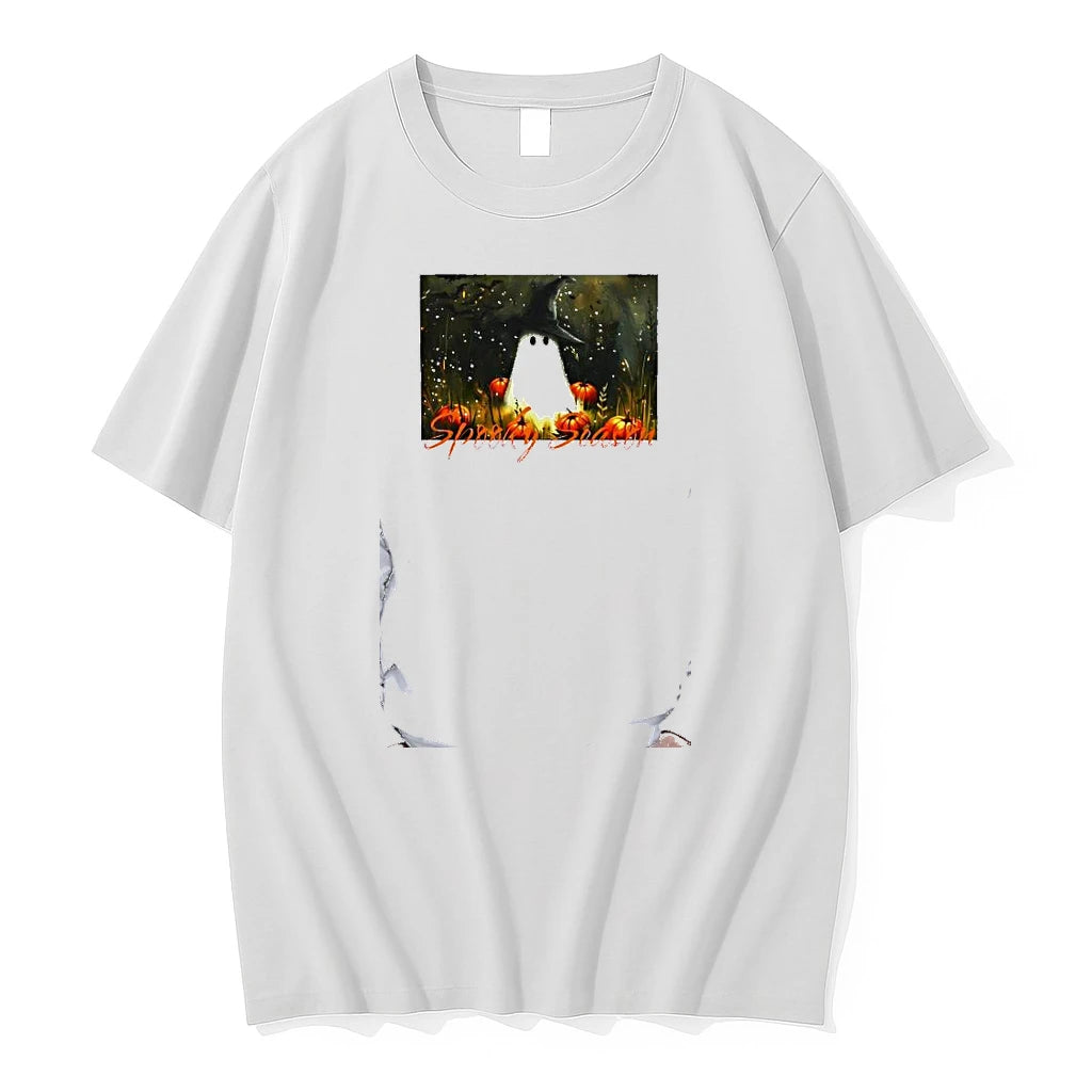 Officials Ghost Wearing Witch Hat Spooky Season Pumpkins Premium T Shirt