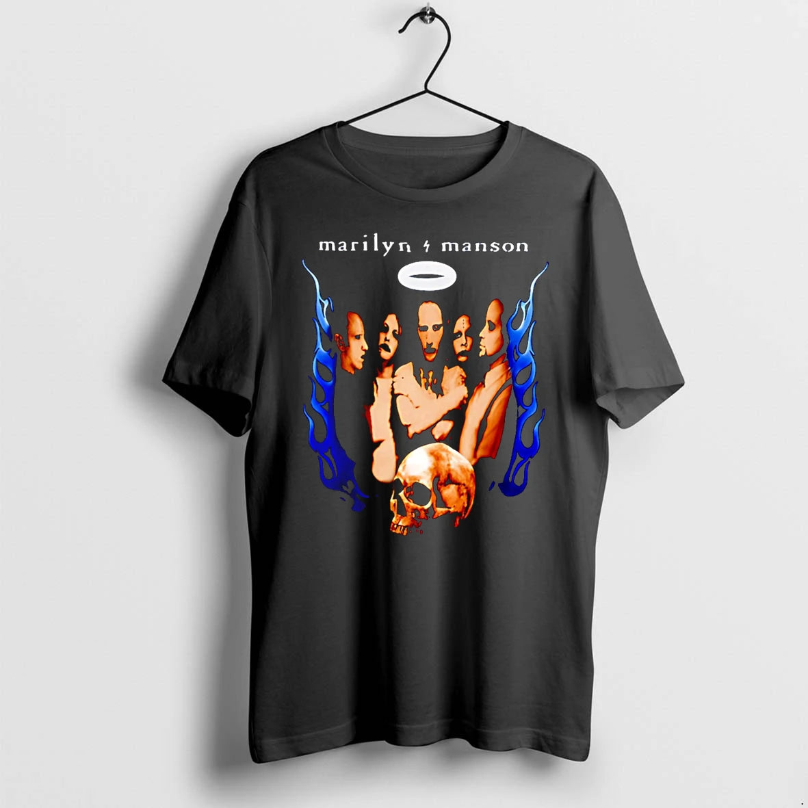 Officials Marilyn Manson With Skull And Blue Flames Band Premium T Shirt