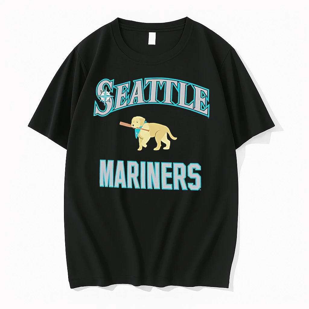 Officials Seattle Mariners Golden Retriever Puppy Holding Baseball Bat Black Premium T Shirt