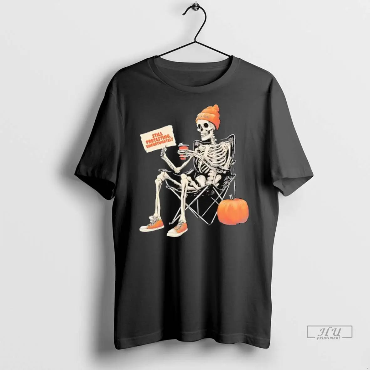 Officials Skeleton Halloween With Pumpkin Still Protesting Unfortunatel Ladies T Shirts