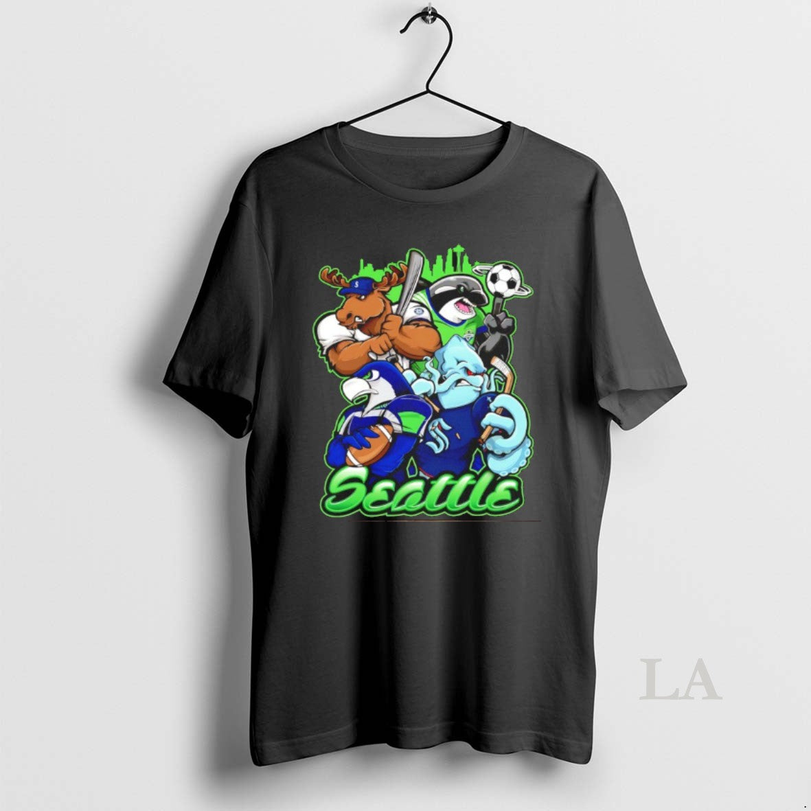 Original Seahawks Kraken Sounders And Mariners Seattle City Skyline Mascot