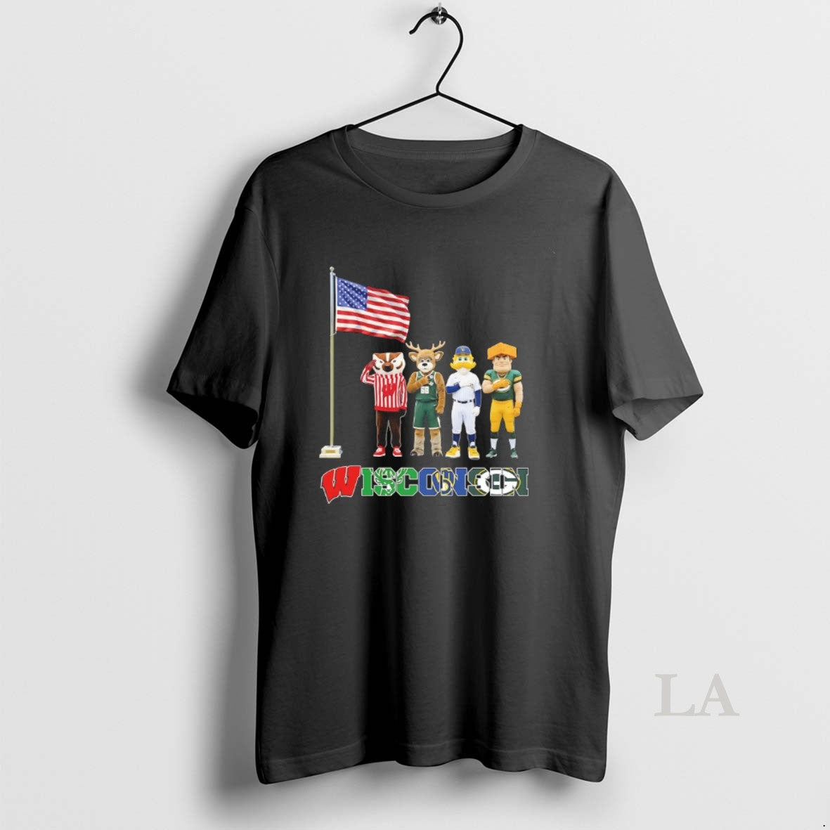 Original Wisconsin City Sports Mascot Front Of An American Flag