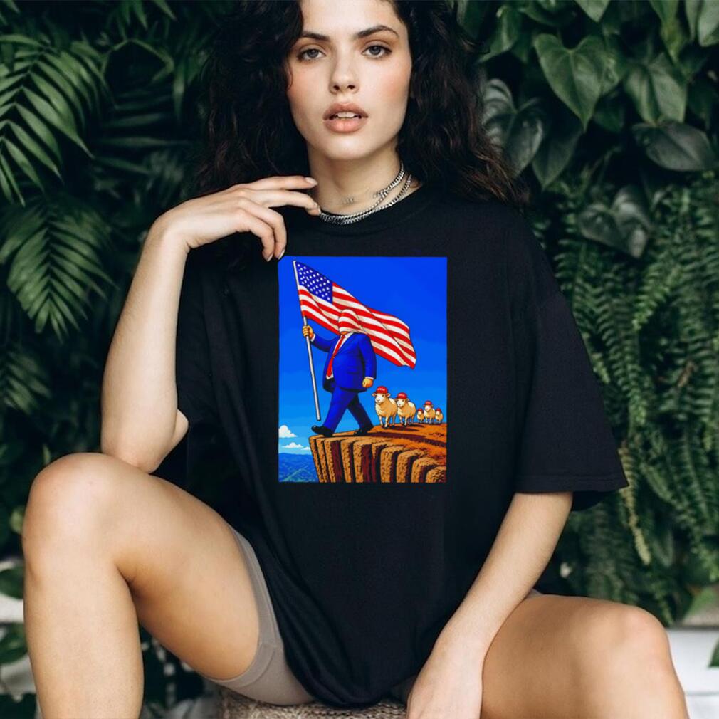 Patriotic American Flag Sheep Cliff Political Satire Illustration Graphic T Shirt